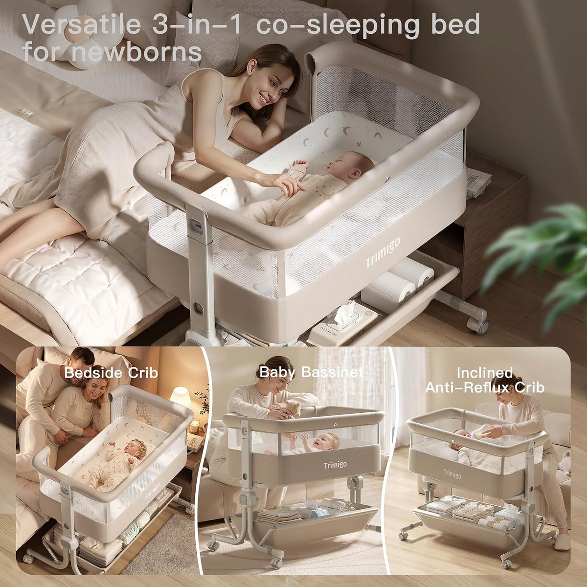3 in 1 Baby Bassinet Bedside Sleeper with Washable Mattress