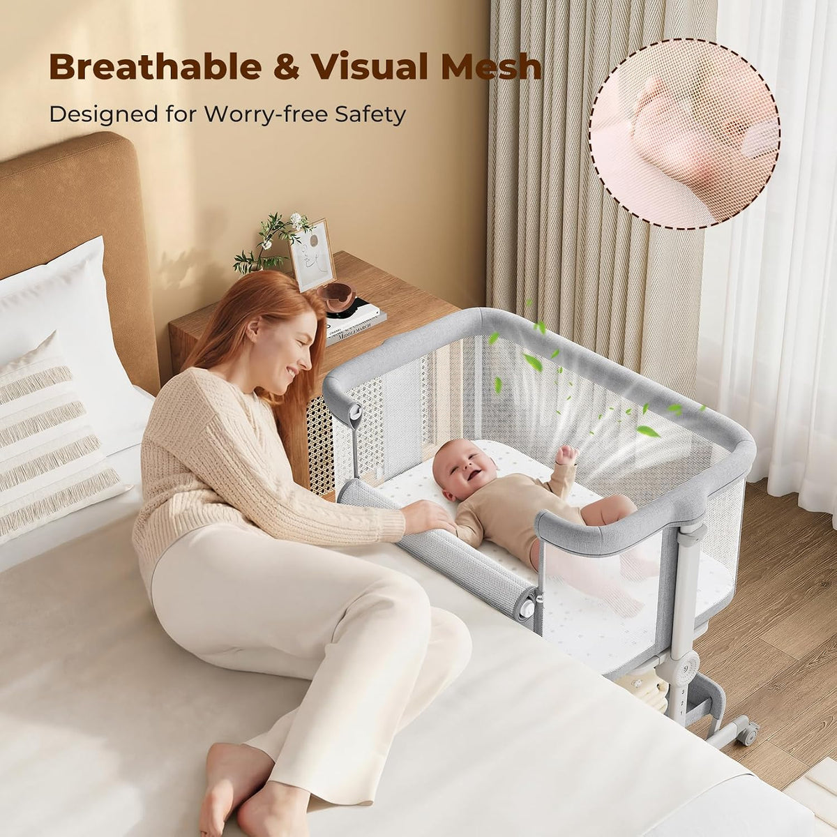 Ezebaby Baby Bassinets Bedside Sleeper, Portable Bedside Bassinet for Baby Newborn Infants with Adjustable 7 Heights and All Mesh Sides, Newborn Crib with Mattress and Soft, Breathable Sheet