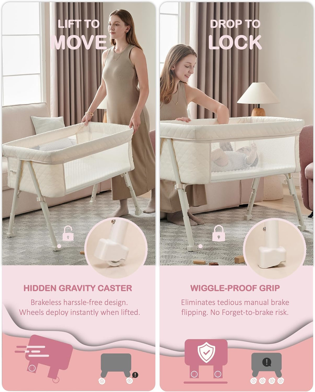 BEKA Bassinet Bedside Sleeper for Baby, 2 in 1 Baby Crib for Newborn, Bedside Bassinet with 4 Auto-Lock Wheels & Adjustable Height, Breathable Mesh Sides & Soft Mattress