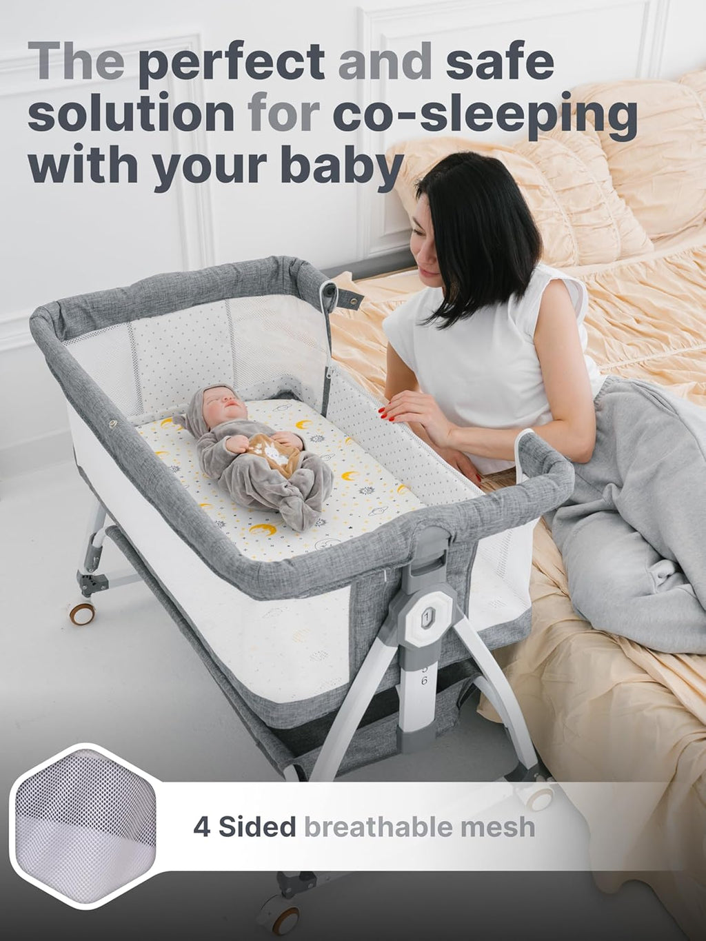 Earth&ME Baby Bassinet Bedside Sleeper with Rocking - All Mesh Portable Bedside Crib for Safe Co-Sleeping, Storage Basket and Wheels, Adjustable Height, Includes Travel Bag, Mosquito Net (Whate, Grey)