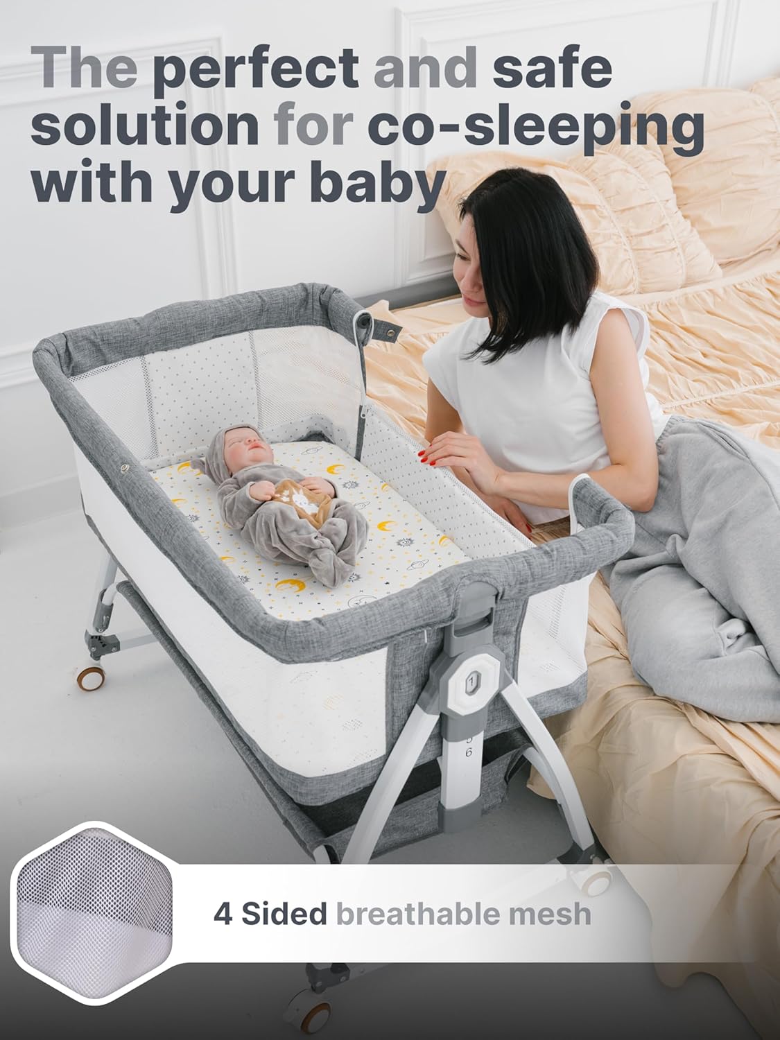 Earth&ME Baby Bassinet Bedside Sleeper with Rocking - All Mesh Portable Bedside Crib for Safe Co-Sleeping, Storage Basket and Wheels, Adjustable Height, Includes Travel Bag, Mosquito Net (Whate, Grey)