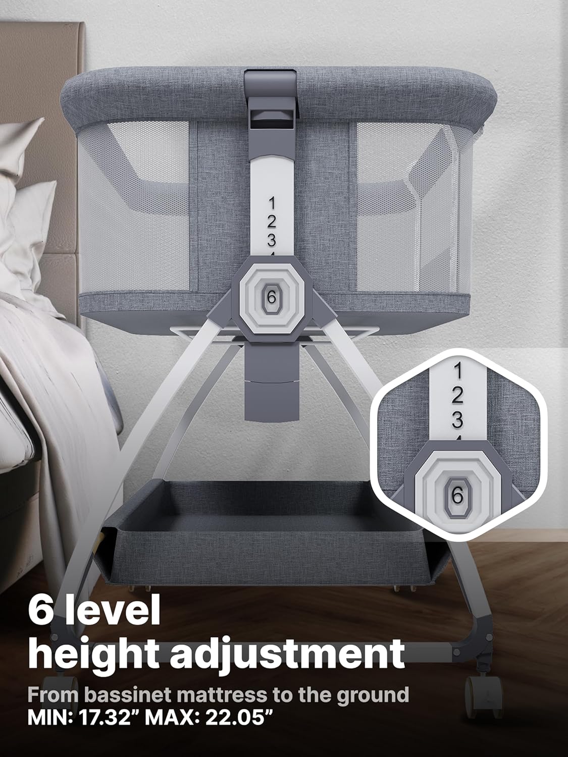 Earth&ME Baby Bassinet Bedside Sleeper with Rocking - All Mesh Portable Bedside Crib for Safe Co-Sleeping, Storage Basket and Wheels, Adjustable Height, Includes Travel Bag, Mosquito Net (Whate, Grey)