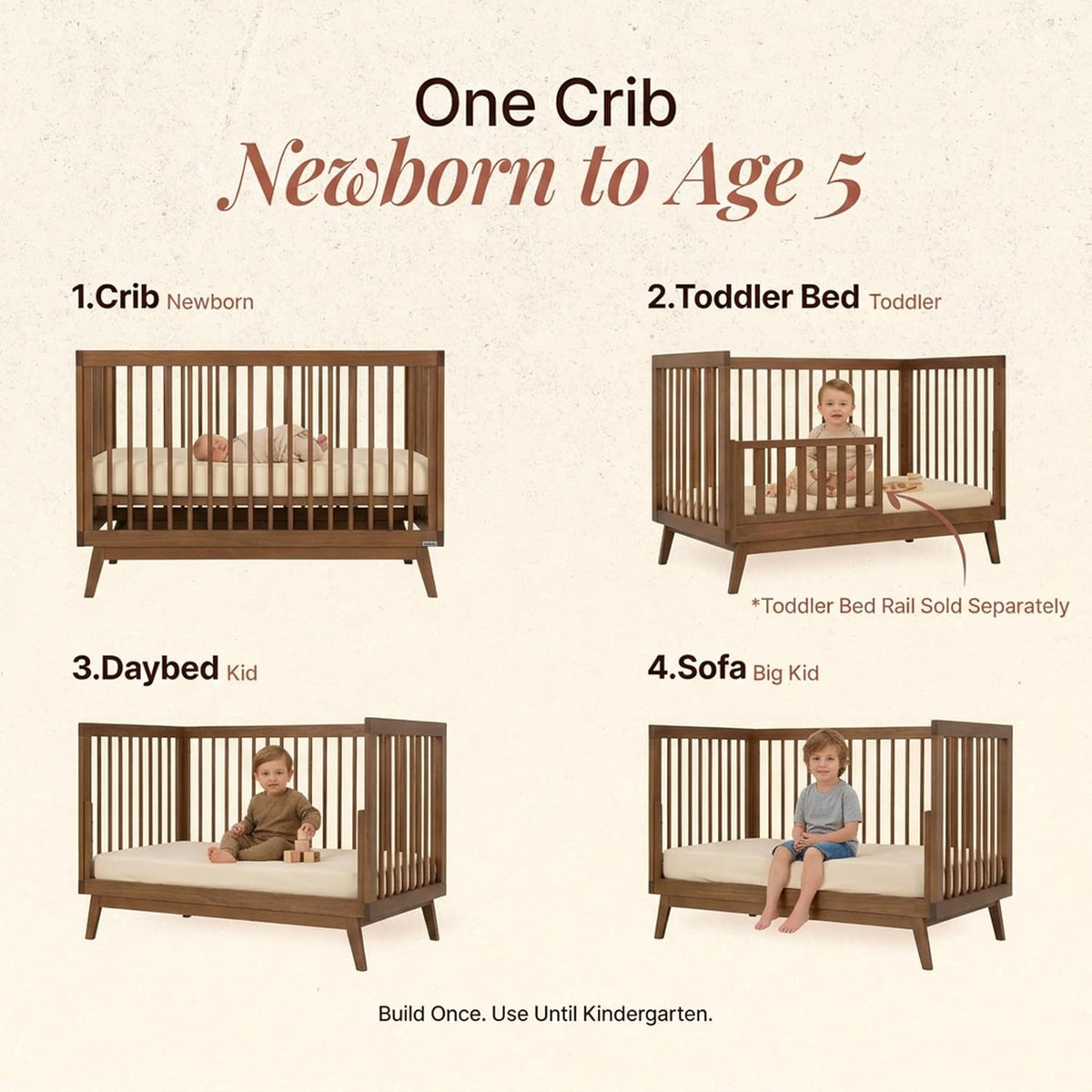 dadada Baby Soho 3-in-1 Convertible Wood Crib Bed, Made in Italy, Walnut