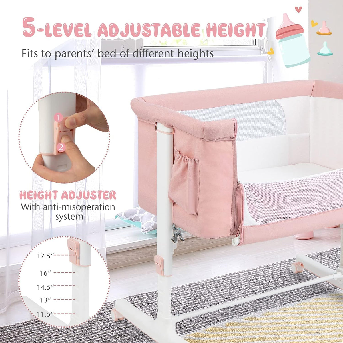 BABY JOY Bassinet Bedside Sleeper, 3 in 1 Folding Crib w/Adjustable Height, Mattress, Lockable Wheels, Storage Pocket & Carry Bag for Infant Newborn, Stationary & Rock, Portable Baby Bassinet (Pink)
