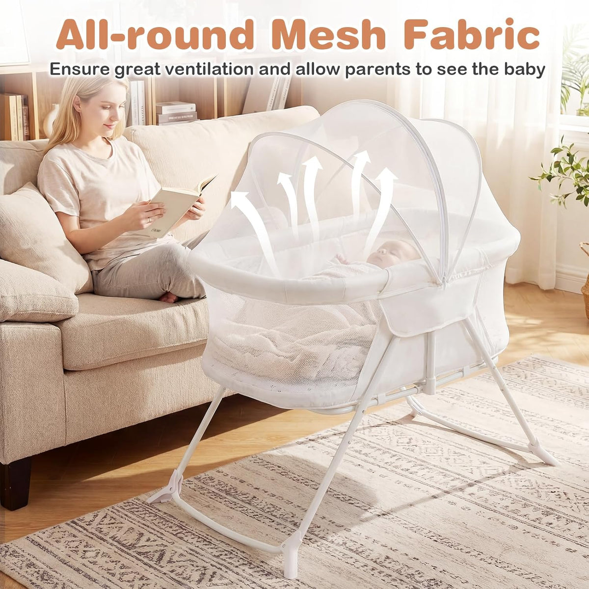 BABY JOY 2 in 1 Bassinet, Foldable Bedside Crib with Breathable Mesh, Comfortable Mattress, Zippered Net Canopy & Portable Bag, Bassinet Bedside Sleeper for Baby, Infant & Newborn (Beige)