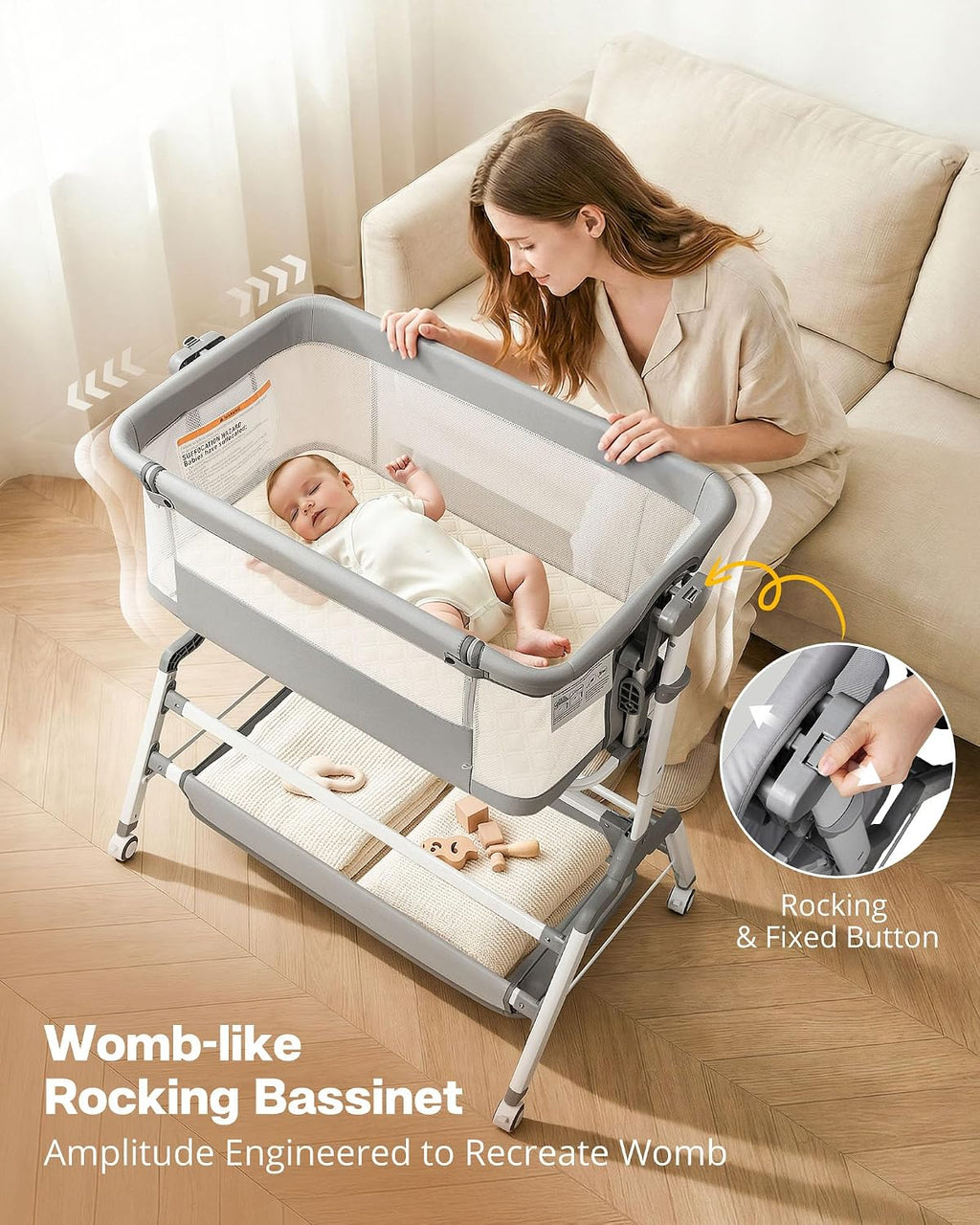 3 in 1 Baby Bassinet Bedside Sleeper, Adjustable Bedside Bassinet for Baby, Womb-Like Rocking Bassinet with Wheels, Breathable Full-Mesh Crib with Comfy Mattress, Bedside Crib w/ Large Storage Basket