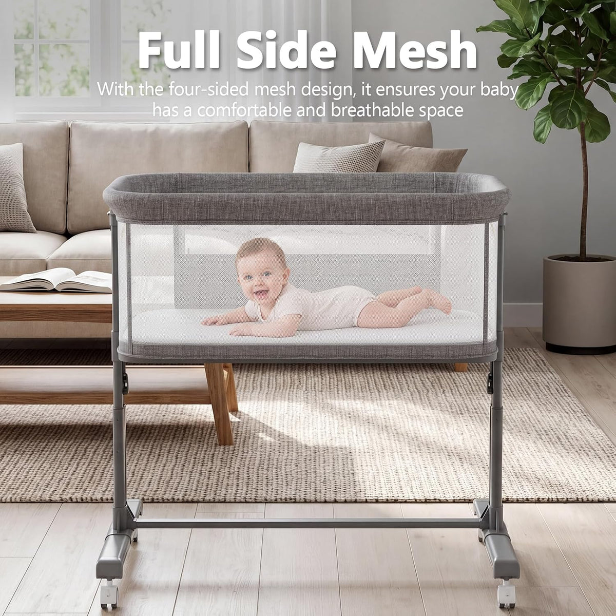 Kinder King Baby Bassinet Bedside Sleeper, Adjustable Heights, Grey