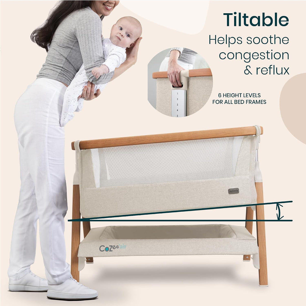 Tutti Bambini CoZee® Air Baby Bassinet & Bedside Sleeper, Walnut & Ecru