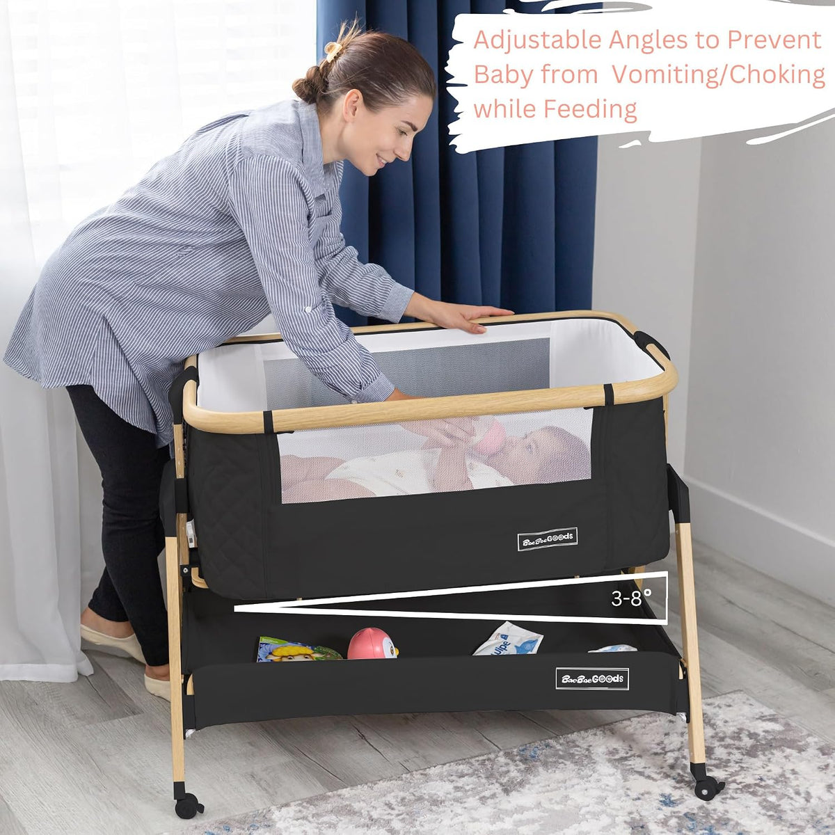 3 In 1 Baby Bassinet with Wheels, Portable Bedside Sleeper for Baby with 7 Adjustable Heights and Foam Mattress, Baby Bedside Crib for Newborns and Infants with Storage Basket, Carry Bag Included