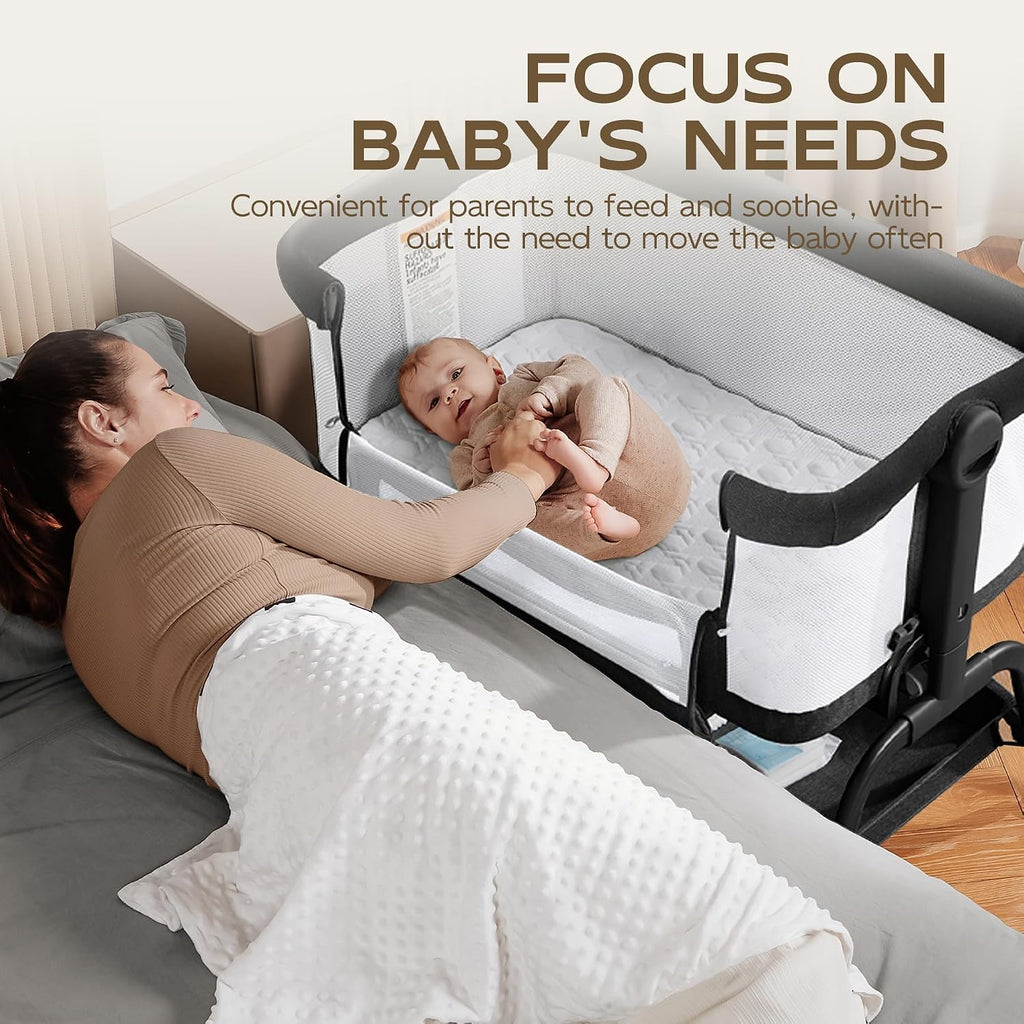 BabyBond Baby Bassinet Bedside Crib, Mattress & Sheet, 4-Sided Mesh, Black