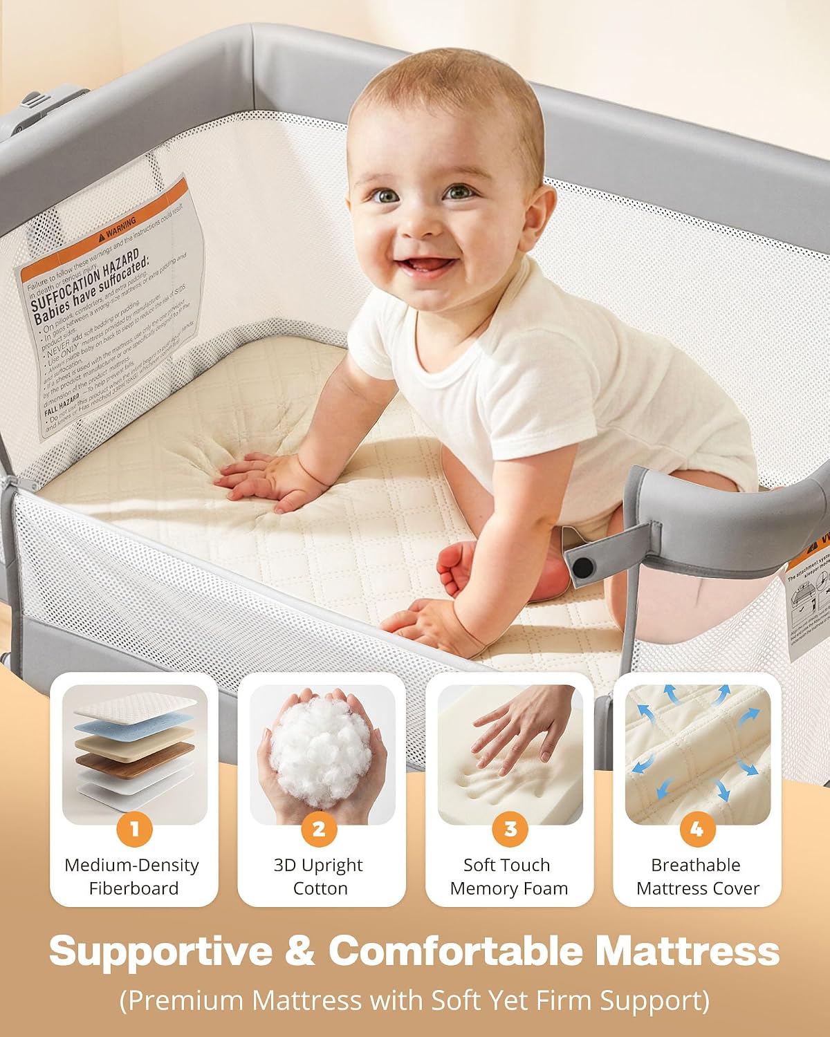 3 in 1 Baby Bassinet Bedside Sleeper, Adjustable Bedside Bassinet for Baby, Womb-Like Rocking Bassinet with Wheels, Breathable Full-Mesh Crib with Comfy Mattress, Bedside Crib w/ Large Storage Basket