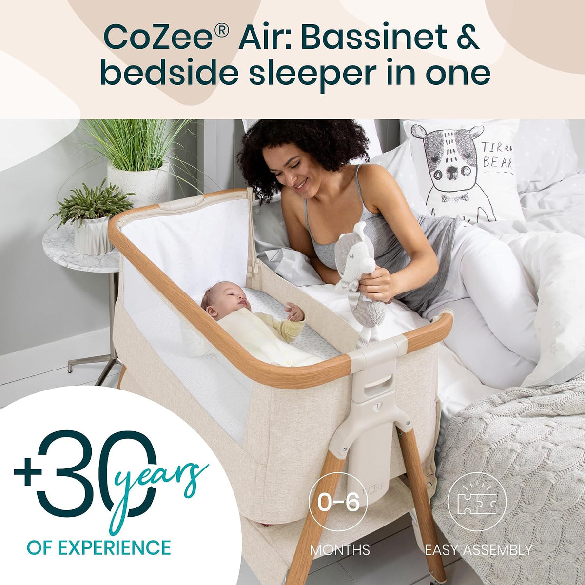Tutti Bambini CoZee® Air Baby Bassinet & Bedside Sleeper, Walnut & Ecru