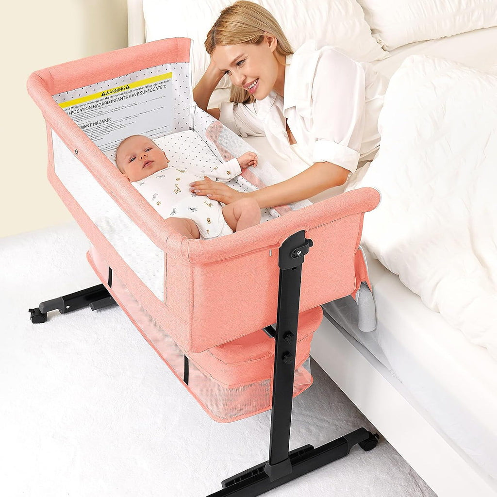 Baby Bassinet, 3 in 1 Bedside Bassinets for Baby, Bassinet Bedside Sleeper with Wheels, Adjustable Height with Rocking Mode, Breathable Mesh, Storage Basket, Easy Assemble & Folding (Dark Gray)