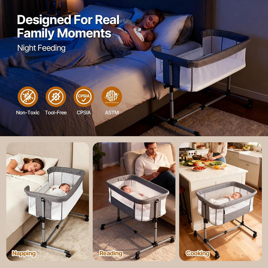 Baby Bassinet Bedside Sleeper, 2-in-1 Bedside Bassinet for Baby, Bedside Sleeper with Mattress, Full Mesh Sides, 5 Height Adjustable, Stable and Secure Crib with Lockable Wheels for Newborn