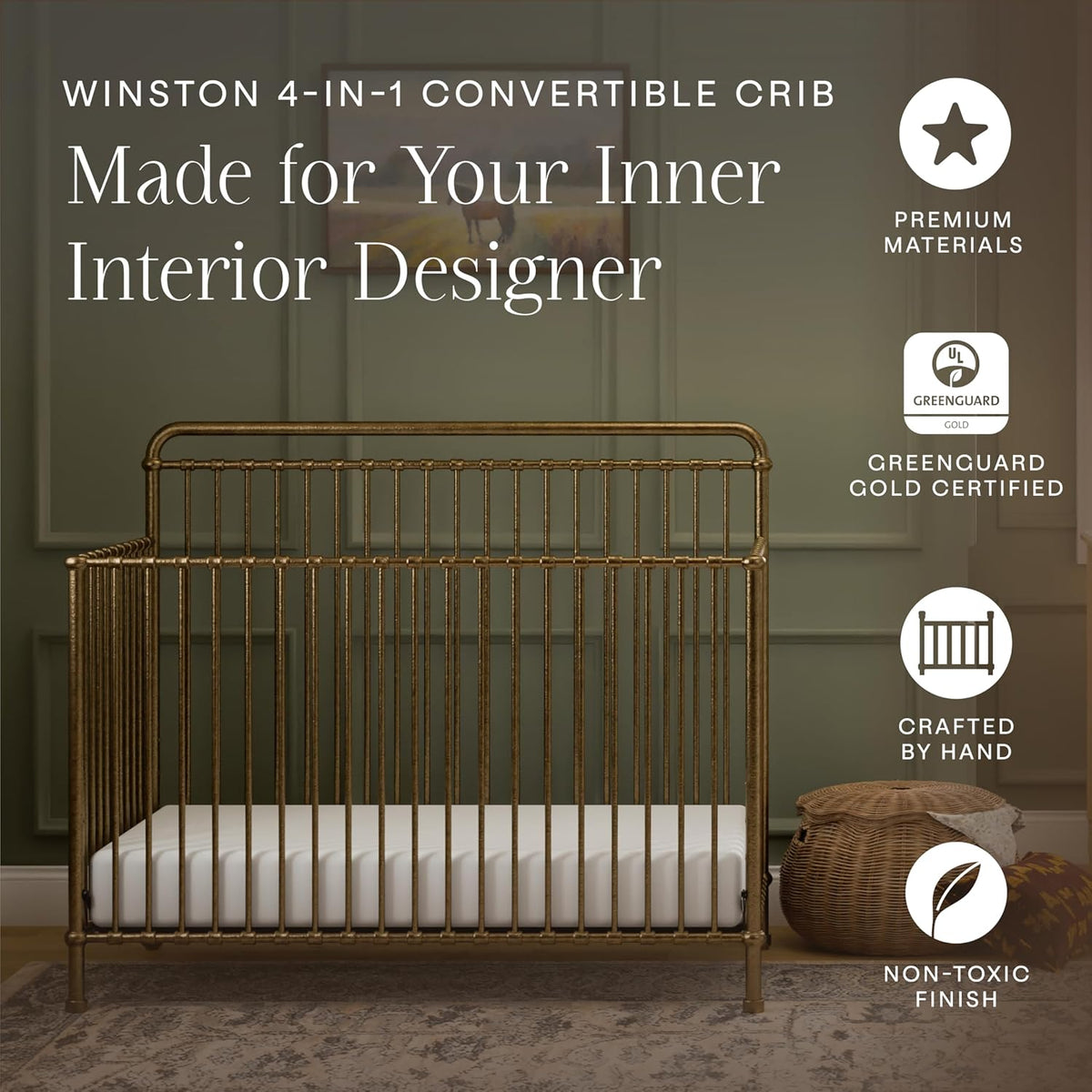 NAMESAKE Winston 4-in-1 Convertible Baby Crib, Vintage Gold - 70 lbs