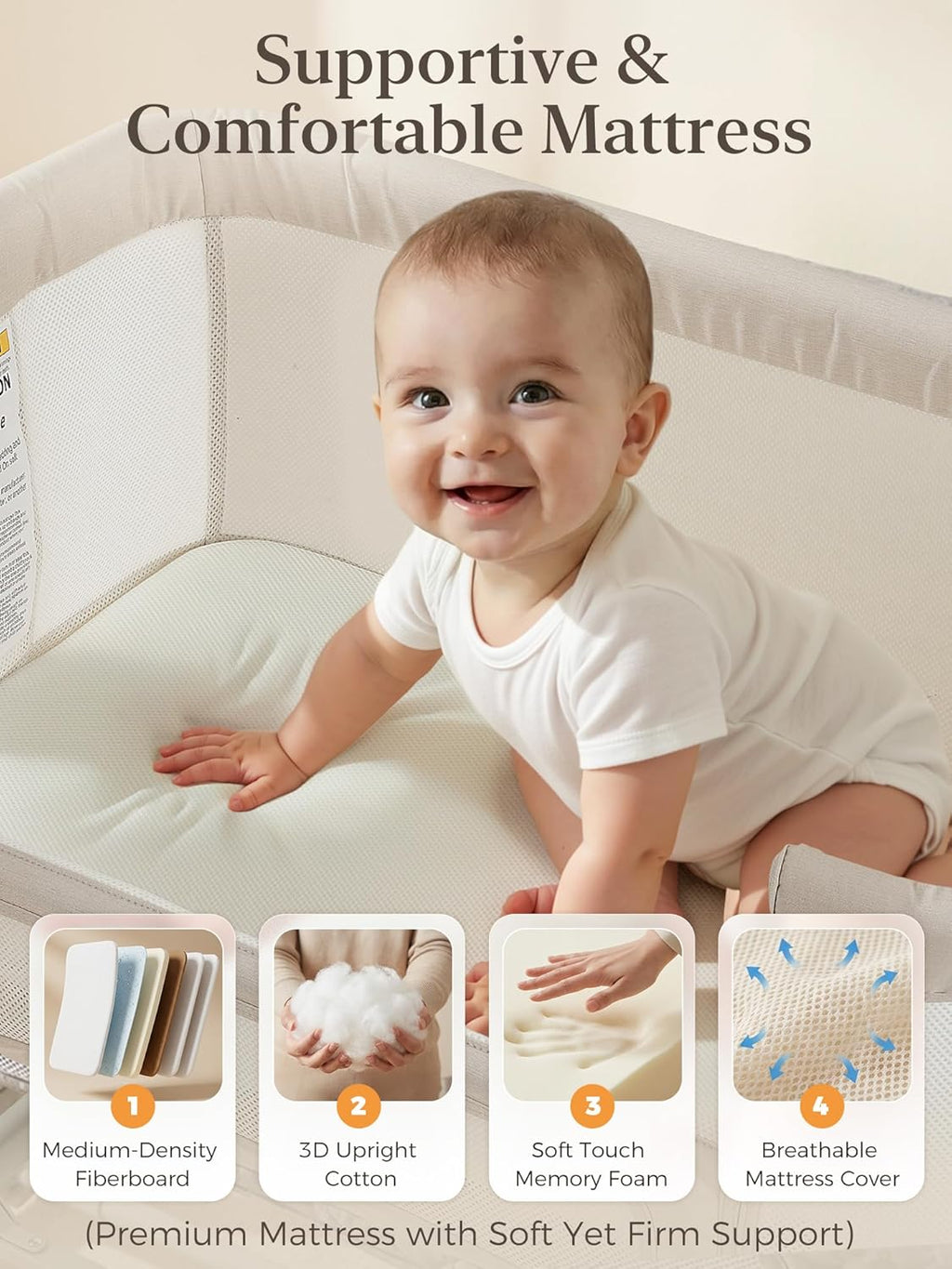 ONTHEWEI Baby Bassinet Bedside Sleeper 3-in-1, Easy Night Feeding with One-Side Fold & Rolling Wheels, Breathable Mesh, 6-Height Adjustable, Soft Mattress for Newborns