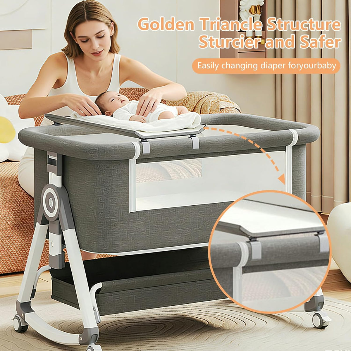 4 in 1 Baby Bassinet Bedside Sleeper, Rocking Bassinets with Wheels and Comfy Mattress, 6 Height Adjustable Easy Folding Portable Bedside Crib for Newborn Infant