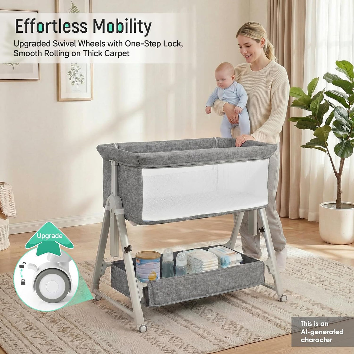 Cowiewie Baby Bassinet Bedside Crib,3-in-1 Baby Bassinet with Comfy Mattress & Wheel,Easy Folding Portable Bedside Bassinet for Baby with Storage,Travel Bag,Breathable Mesh,Stable & Secure,Light Grey