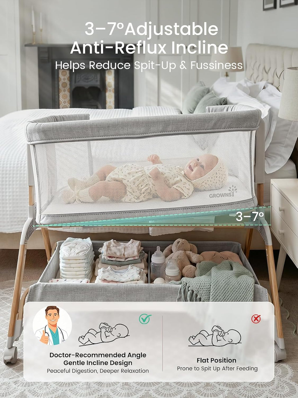 GROWNSY 5-in-1 Baby Bassinet Bedside Sleeper with Gentle Manual Rocking