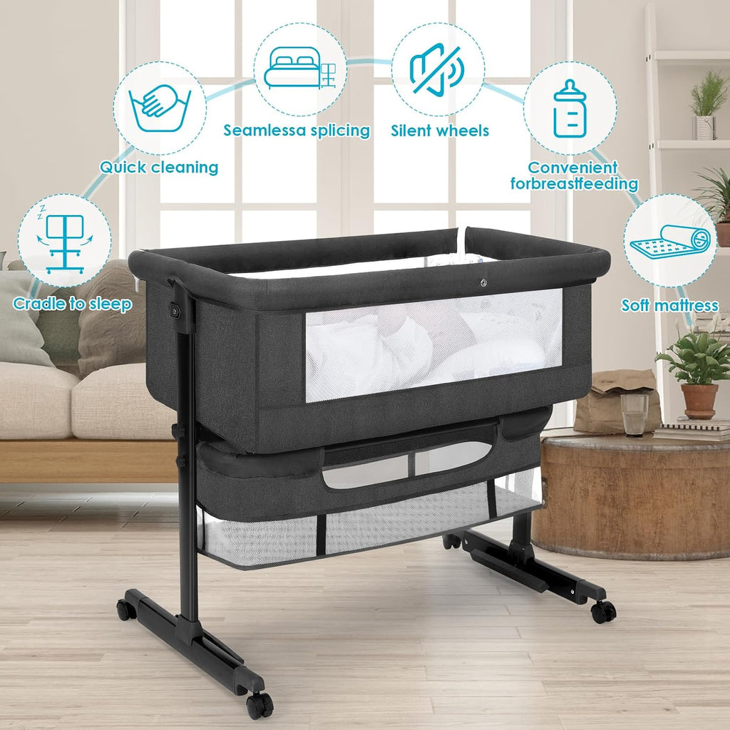 YADAQE Baby Cradle, Freestanding Bedside Bassinet, 3-in-1 Convertible Bassinet with 360° Swivel Wheels, 2026 New Model Adjustable, Easy-Fold Portable Neutral Baby Newborn Bassinet (Dark Gray)