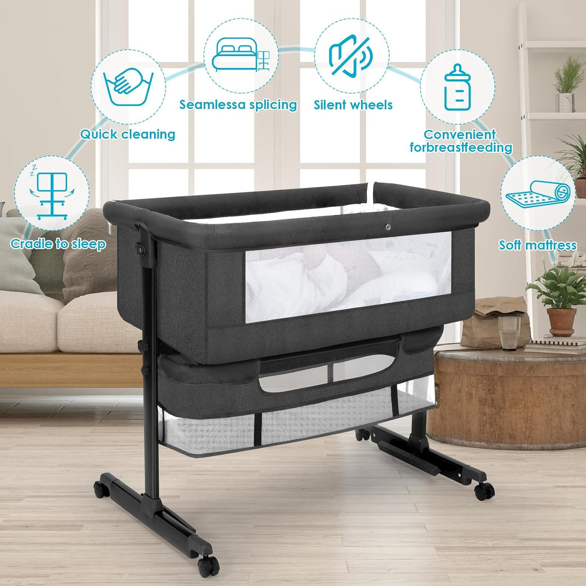 YADAQE Baby Cradle, Freestanding Bedside Bassinet, 3-in-1 Convertible Bassinet with 360° Swivel Wheels, 2026 New Model Adjustable, Easy-Fold Portable Neutral Baby Newborn Bassinet (Dark Gray)
