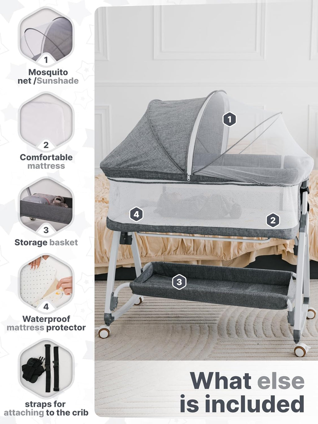 Earth&ME Baby Bassinet Bedside Sleeper with Rocking - All Mesh Portable Bedside Crib for Safe Co-Sleeping, Storage Basket and Wheels, Adjustable Height, Includes Travel Bag, Mosquito Net (Whate, Grey)
