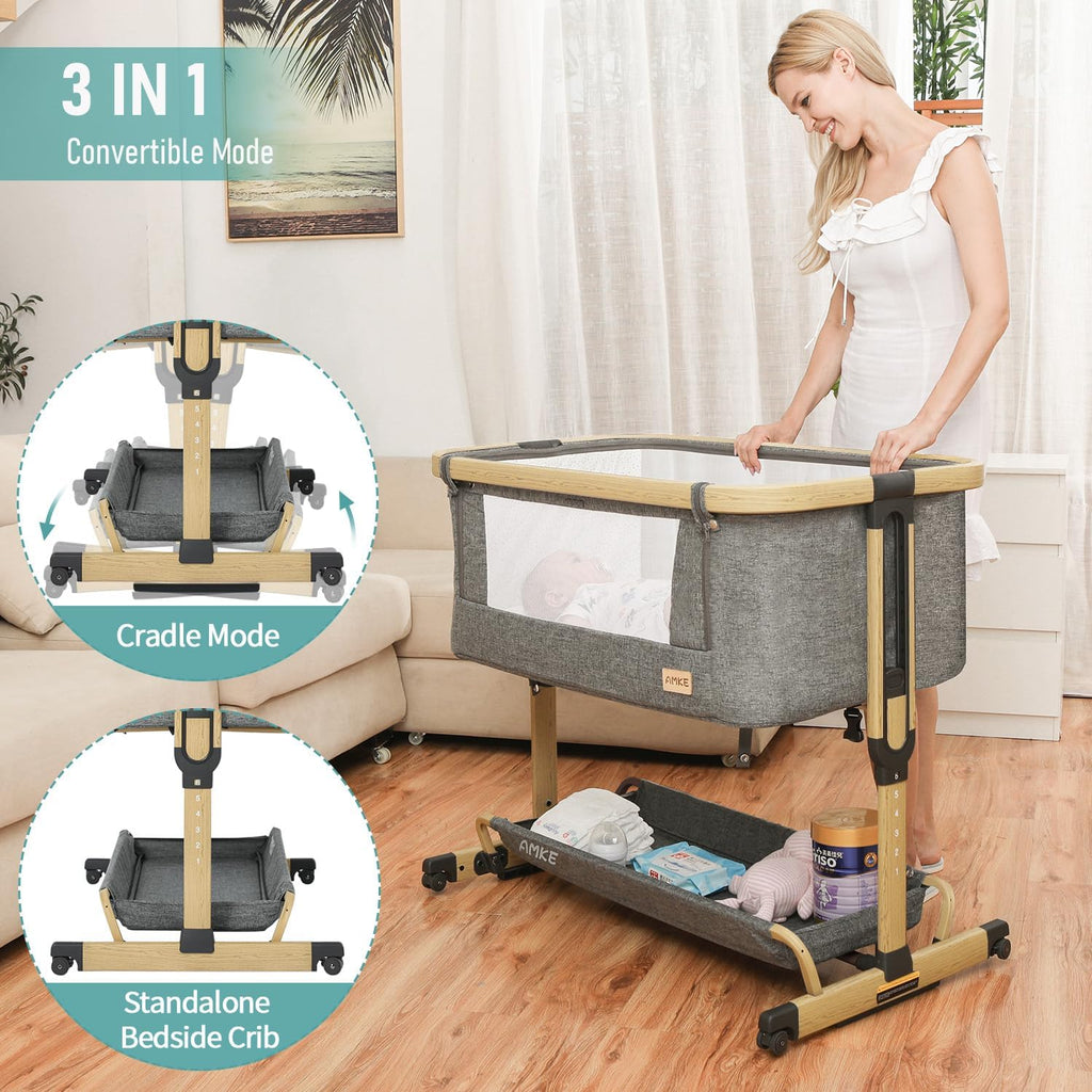 AMKE 3 in 1 Baby Bassinets,All-mesh Bedside Sleeper,Baby Cradle with Storage Basket,Easy Assemble Bassinet for Infant/Newborn,Adjustable Bedside Crib,Safe Portable Baby Bed,Travel Bag Included