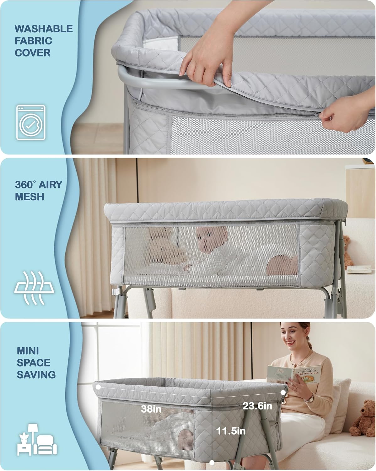 Bassinet Bedside Sleeper, Baby Crib for Newborn, Baby Bassinets Bedside Sleeper with 4 Auto-Lock & Adjustable Height, Breathable Mesh & Mattress, Bedside Bassinet