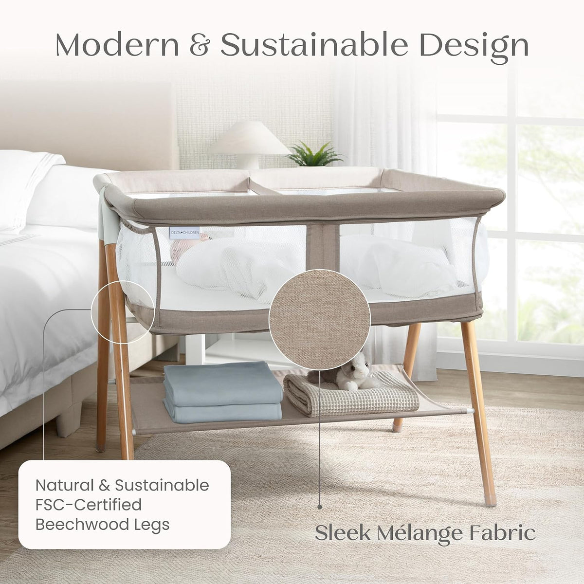 Delta Children Bondi Beechwood Twin Bassinet with PureAir Breathable Mesh Sheet and FSC-Certified Wood, Tan