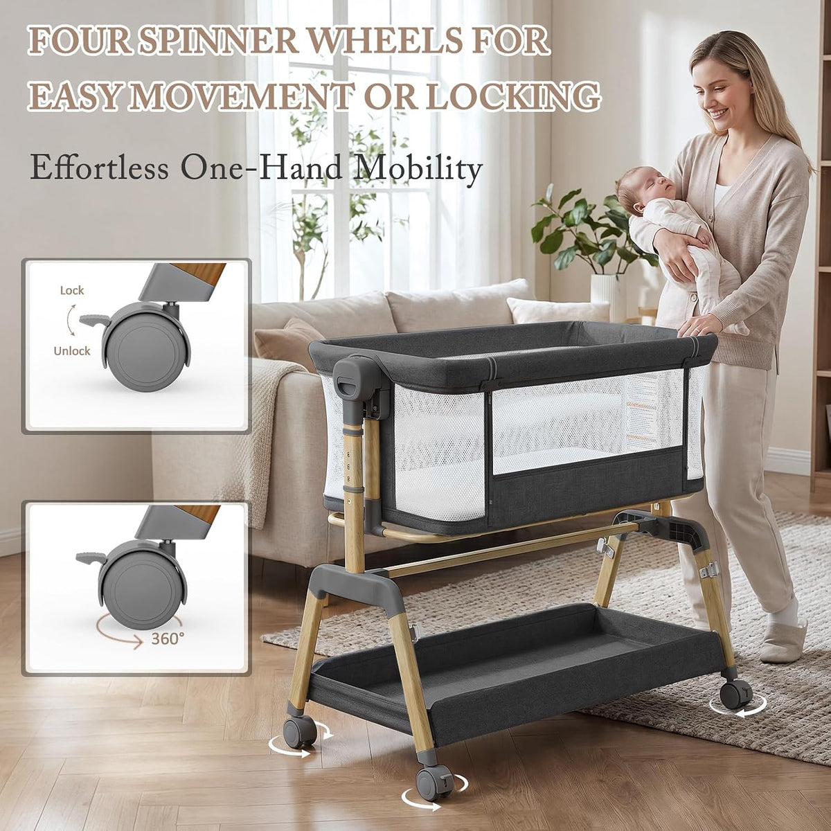 3 in 1 Baby Bassinet, Bedside Sleeper for Newborn, 7-Level Height Adjustable, Rocking Bassinet with Breathable Mesh, Lockable Wheels & Large Storage Space, Portable Baby Crib（Dark Gray）