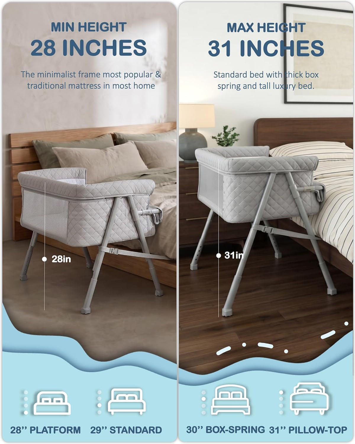 BEKA Bassinet Bedside Sleeper for Baby, 2 in 1 Baby Crib for Newborn, Bedside Bassinet with 4 Auto-Lock Wheels & Adjustable Height, Breathable Mesh Sides & Soft Mattress