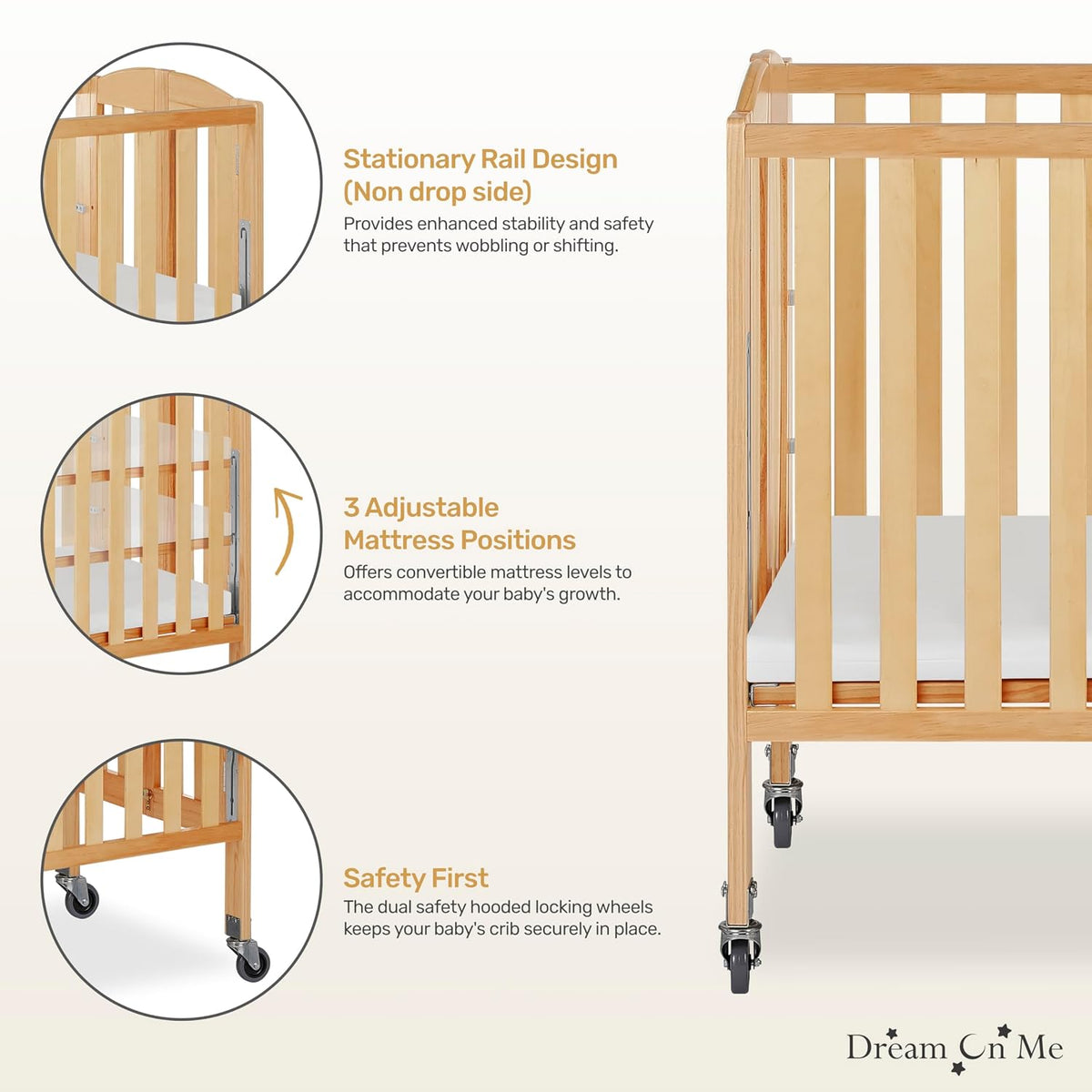 Dream On Me 3-in-1 Portable Mini Baby Crib in Natural, GreenGuard Gold & JPMA, Birchwood, Quick Fold Patent, Playpen or Changer, Storage or Travel, Heavy Duty Steel Castors, 3 Heights, 1″ Mattress Pad