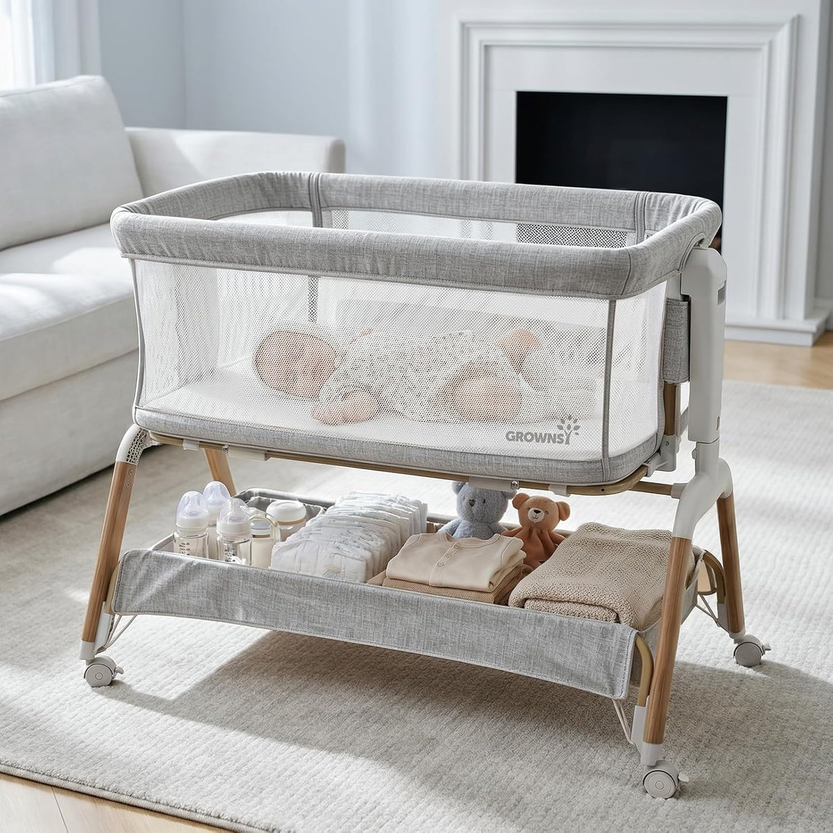 GROWNSY 5-in-1 Baby Bassinet Bedside Sleeper with Gentle Manual Rocking