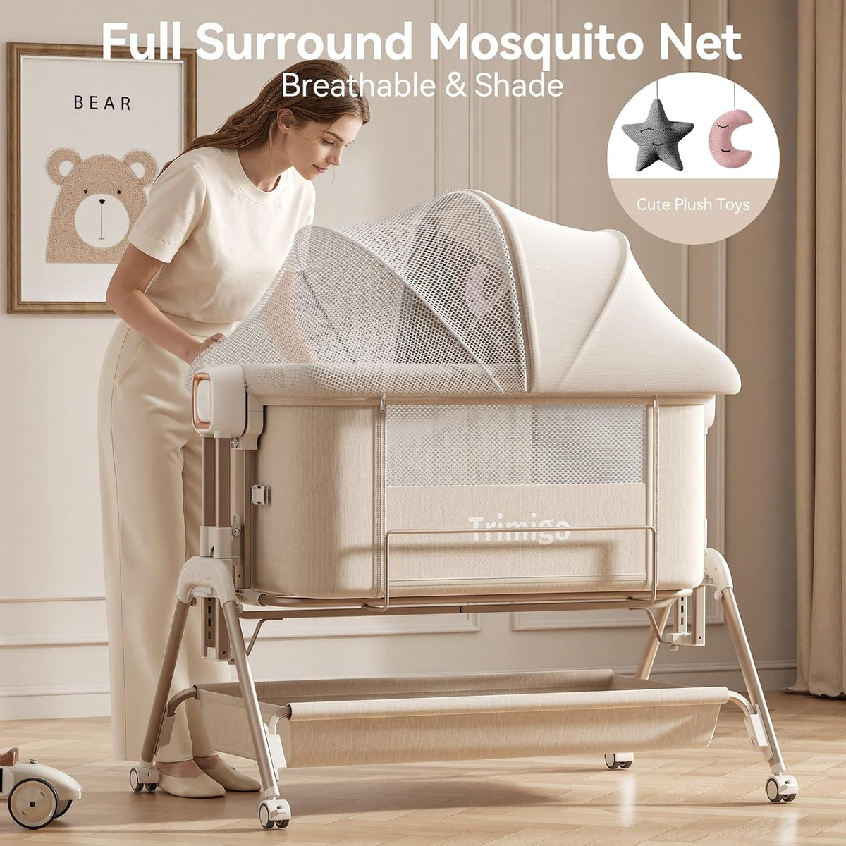 3-in-1 Baby Bassinet Baby Crib Bedside Crib with Mattress, Breathable Mesh Rocking Bassinet, 6-Height Adjustable Baby Bed & Bedside Sleeper for Newborn Infant, Lockable Wheels & Storage Baske