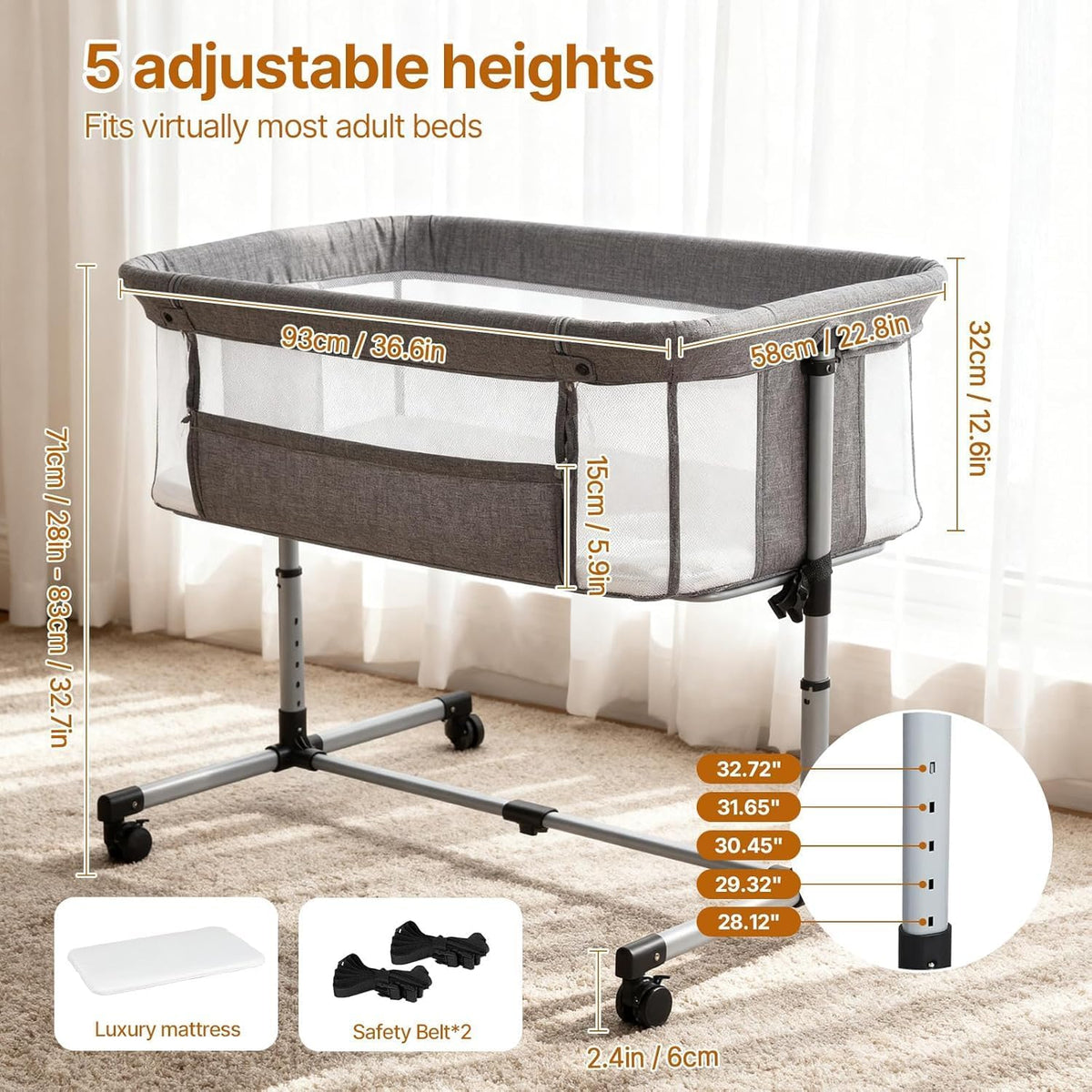 Baby Bassinet Bedside Sleeper, 2-in-1 Bedside Bassinet for Baby, Bedside Sleeper with Mattress, Full Mesh Sides, 5 Height Adjustable, Stable and Secure Crib with Lockable Wheels for Newborn