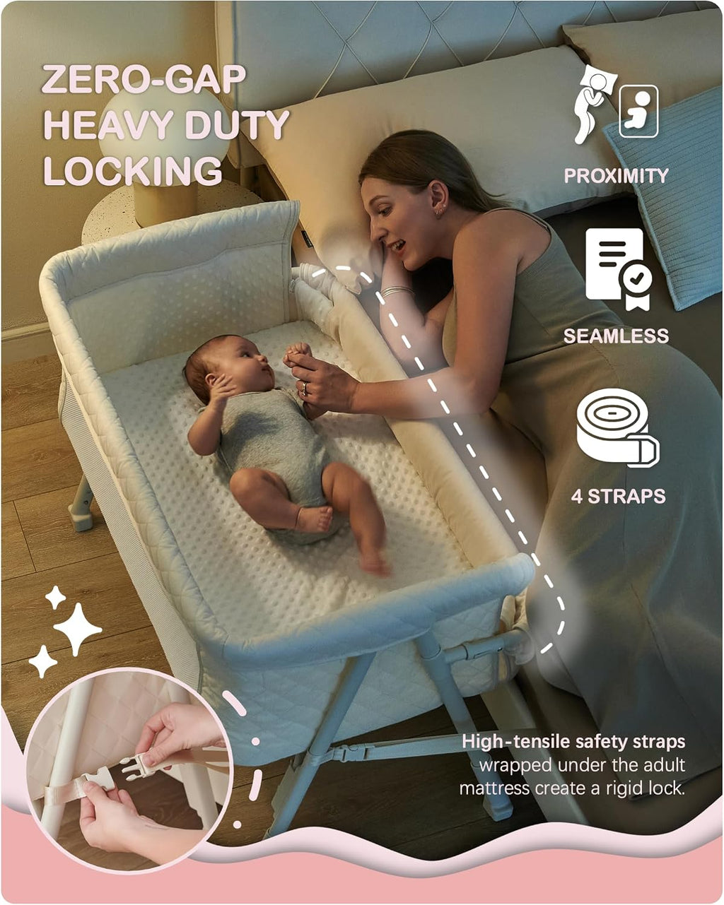BEKA Bassinet Bedside Sleeper for Baby, 2 in 1 Baby Crib for Newborn, Bedside Bassinet with 4 Auto-Lock Wheels & Adjustable Height, Breathable Mesh Sides & Soft Mattress