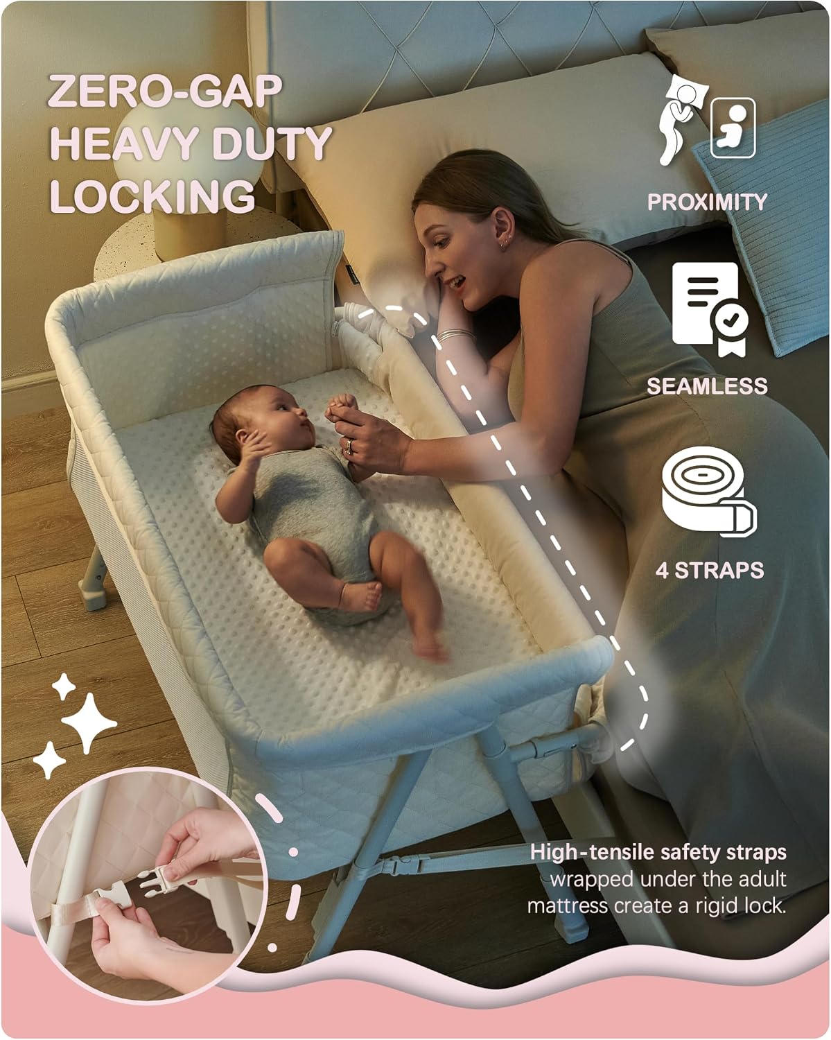 BEKA Bassinet Bedside Sleeper for Baby, 2 in 1 Baby Crib for Newborn, Bedside Bassinet with 4 Auto-Lock Wheels & Adjustable Height, Breathable Mesh Sides & Soft Mattress