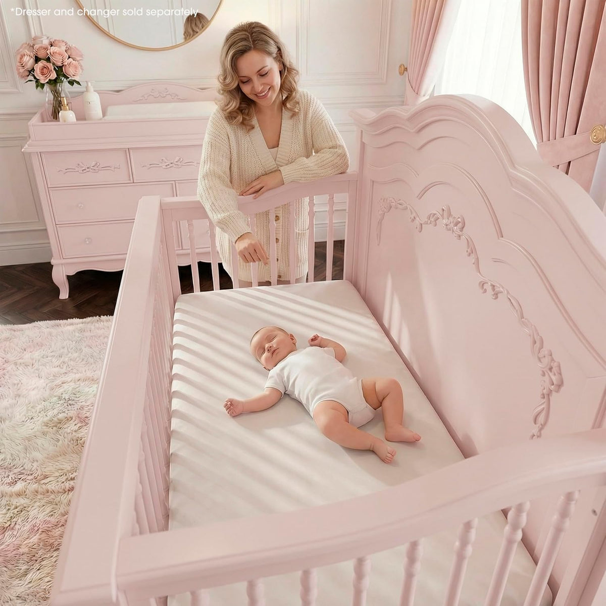 Evolur Aurora 5-in-1 Convertible Full Size Baby Crib, Blush Pink