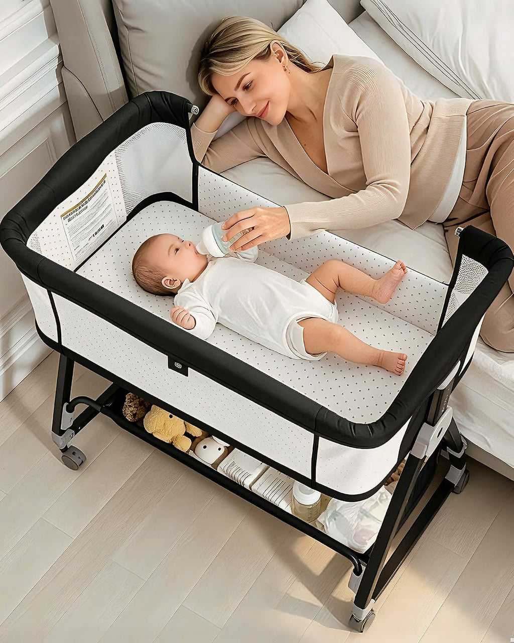 Baby Bassinets Bedside Sleeper with Wheels and Mattress, Cosleeping Baby Bed with Storage, Co-Sleeper Bassinet Attach to Bed, Bed Side Crib with Breathable Mesh, Height Adjustable (Black)
