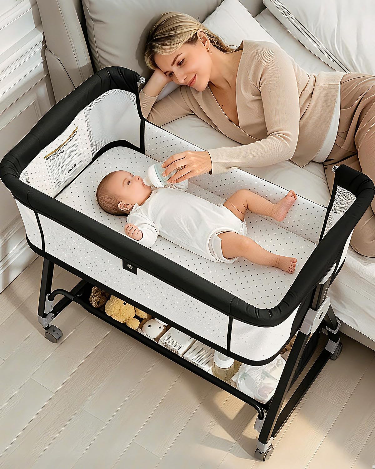 Baby Bassinets Bedside Sleeper with Wheels and Mattress, Cosleeping Baby Bed with Storage, Co-Sleeper Bassinet Attach to Bed, Bed Side Crib with Breathable Mesh, Height Adjustable (Black)