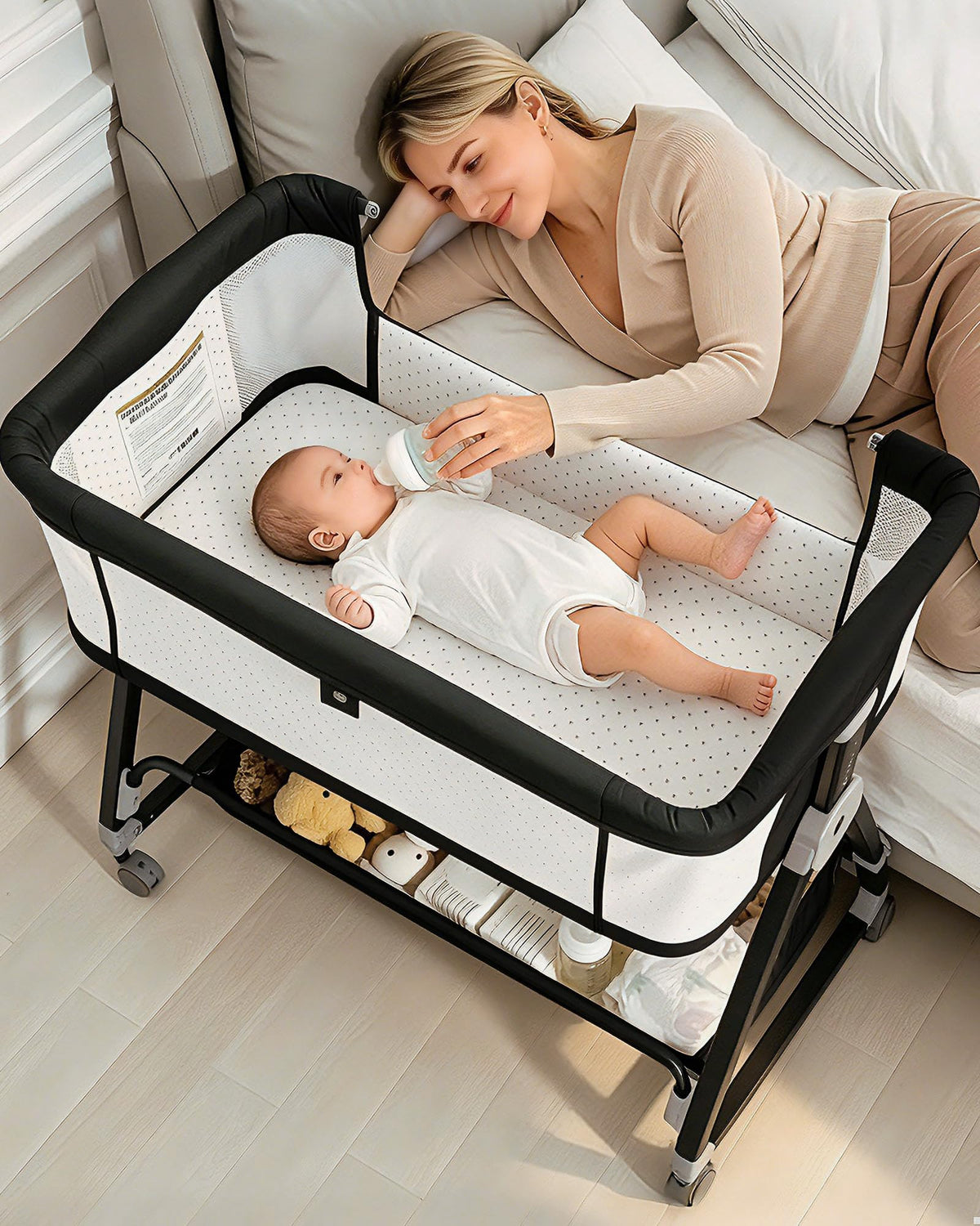 Baby Bassinets Bedside Sleeper with Wheels and Mattress, Cosleeping Baby Bed with Storage, Co-Sleeper Bassinet Attach to Bed, Bed Side Crib with Breathable Mesh, Height Adjustable (Pink)