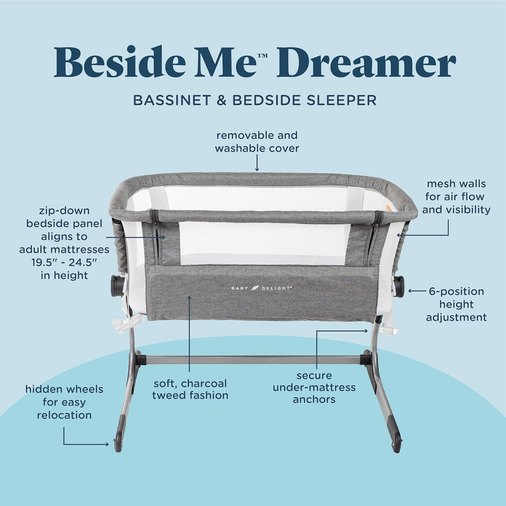 Baby Delight Beside Me Dreamer Bassinet | Bedside Sleeper | 7-Position Height Adjustment | Charcoal Tweed