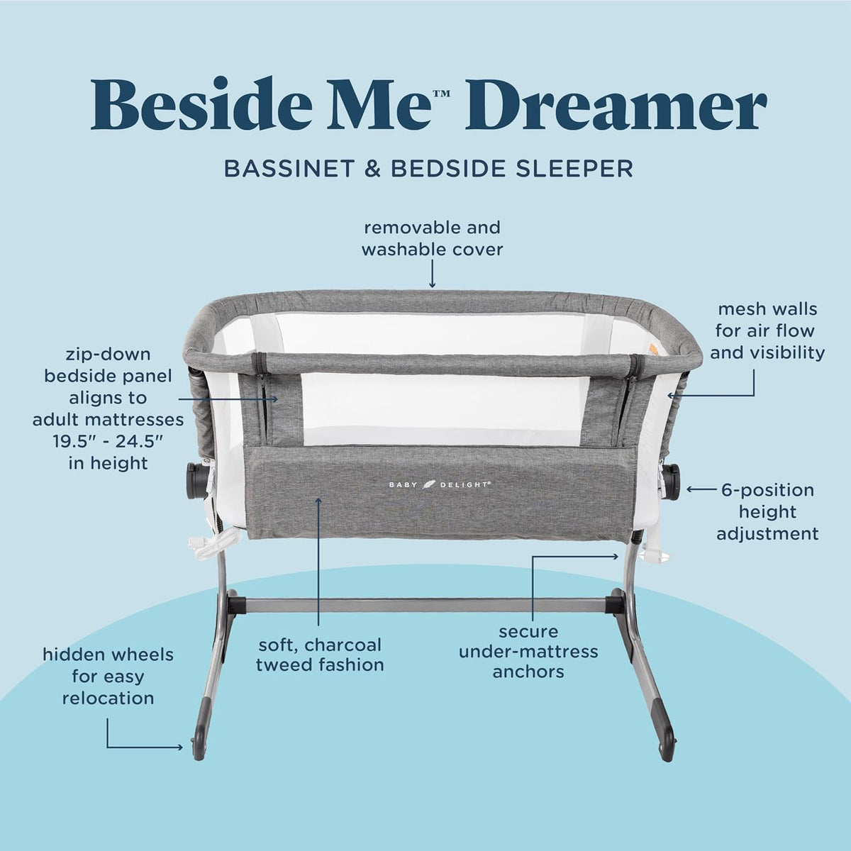 Baby Delight Beside Me Dreamer Bassinet | Bedside Sleeper | 7-Position Height Adjustment | Charcoal Tweed