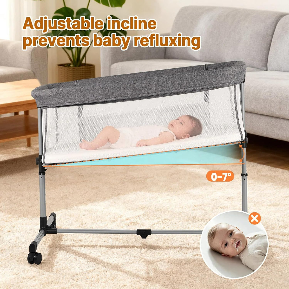 Baby Bassinet Bedside Sleeper, 2-in-1 Bedside Bassinet for Baby, Bedside Sleeper with Mattress, Full Mesh Sides, 5 Height Adjustable, Stable and Secure Crib with Lockable Wheels for Newborn