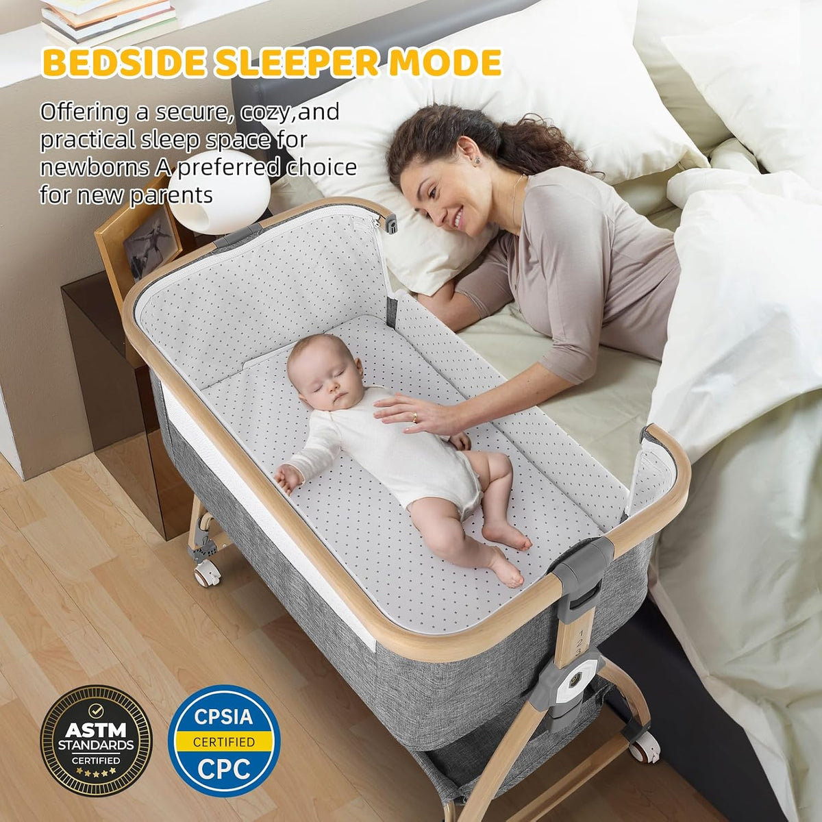 Bedside Bassinet for Baby,Bassinet Bedside Sleeper,Rocking Bassinet,Grey