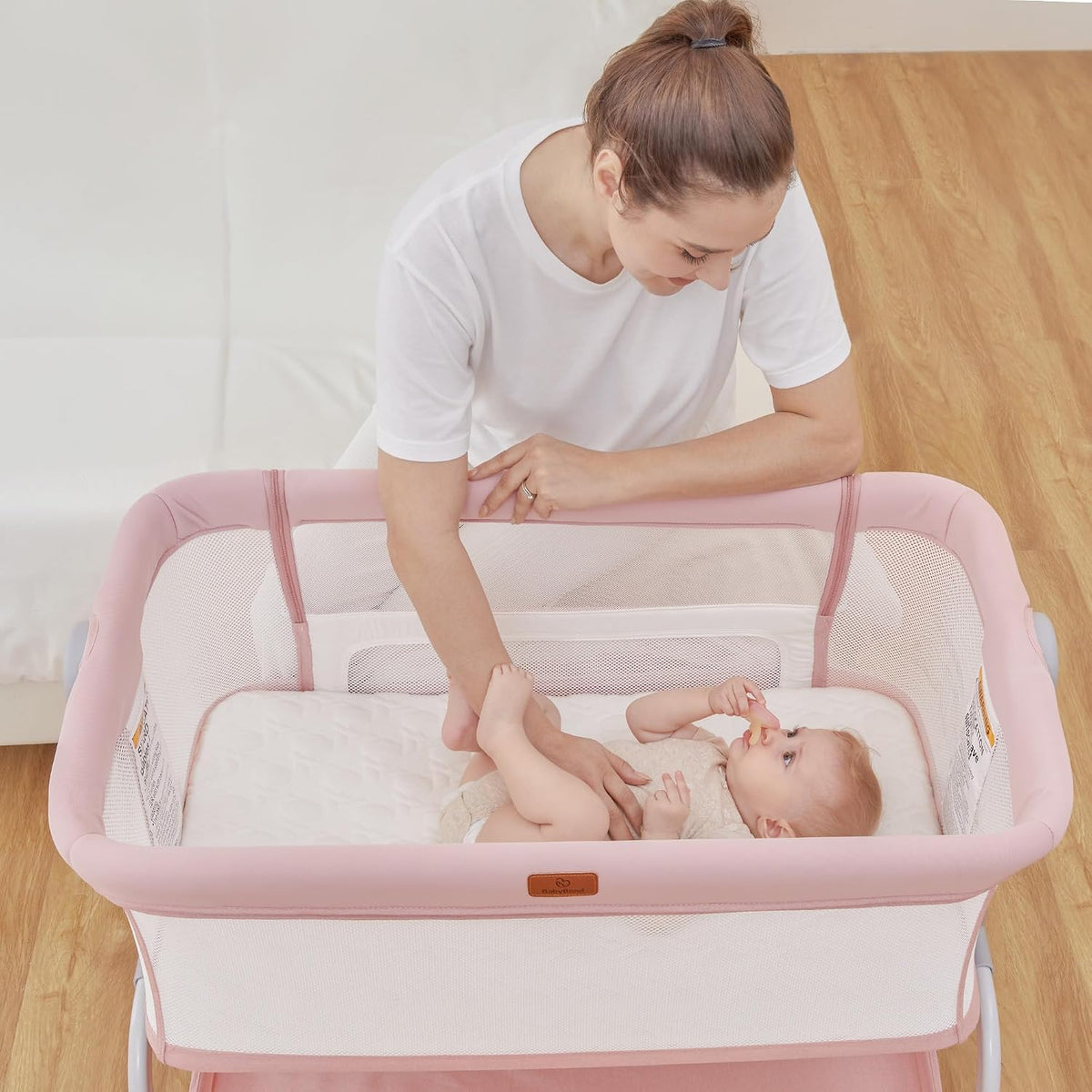BabyBond Baby Bassinet Bedside Crib, Mattress & Sheet, 4-Sided Mesh, Black