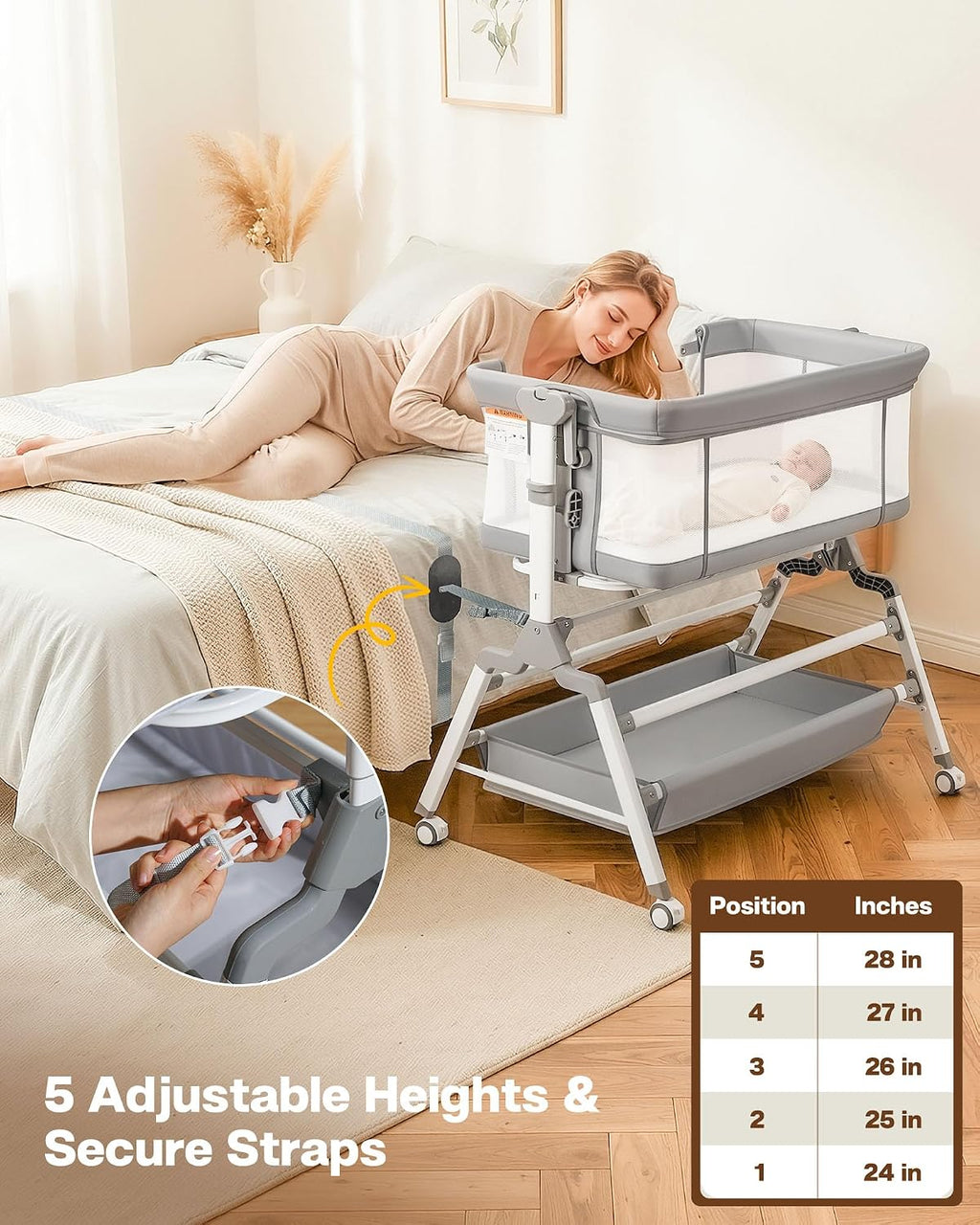 3 in 1 Baby Bassinet Bedside Sleeper, Adjustable Bedside Bassinet for Baby, Womb-Like Rocking Bassinet with Wheels, Breathable Full-Mesh Crib with Comfy Mattress, Bedside Crib w/ Large Storage Basket