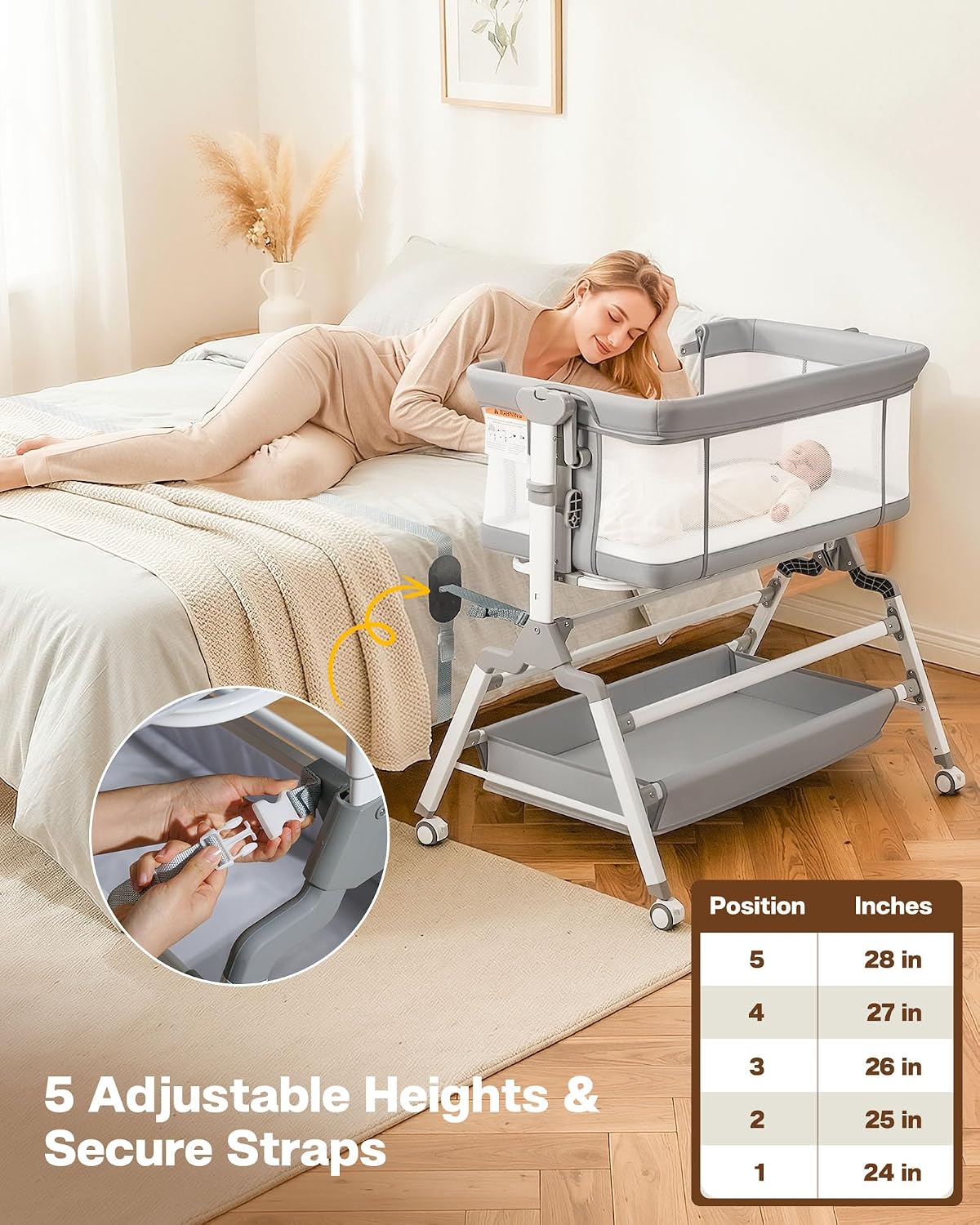 3 in 1 Baby Bassinet Bedside Sleeper, Adjustable Bedside Bassinet for Baby, Womb-Like Rocking Bassinet with Wheels, Breathable Full-Mesh Crib with Comfy Mattress, Bedside Crib w/ Large Storage Basket