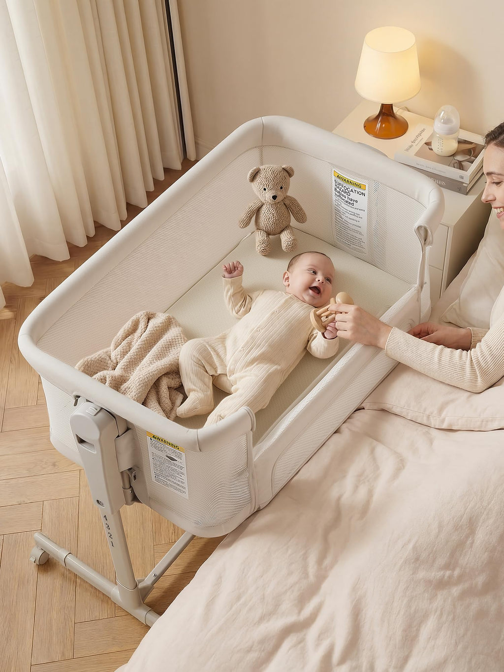 ONTHEWEI Baby Bassinet Bedside Sleeper 3-in-1, Easy Night Feeding with One-Side Fold & Rolling Wheels, Breathable Mesh, 6-Height Adjustable, Soft Mattress for Newborns