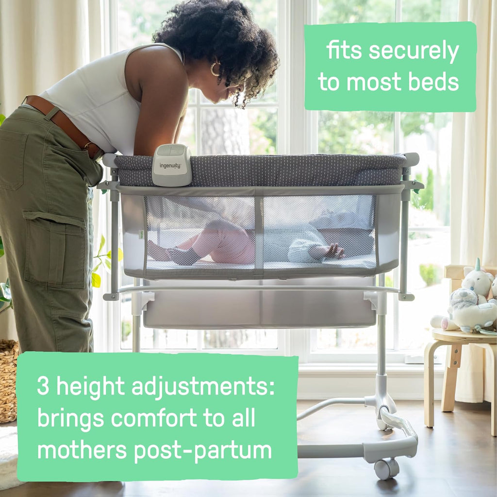 Ingenuity Dream & Grow Bedside Baby Bassinet with AirLoom Mattress, for Ages 0-12 Months, Adjustable Height - Handstitch (Grey)